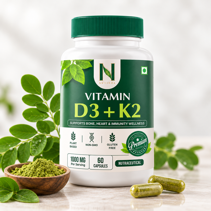 Nuviora Plant-Based Vitamin D3 + K2 Capsules – Bone, Heart & Immunity Support | 60 Capsules