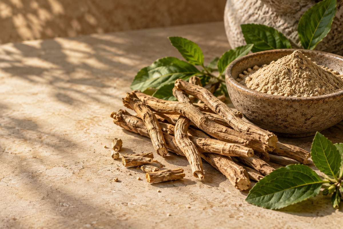 Ashwagandha roots and herbal powder on warm natural stone