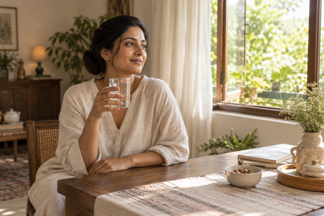 A relaxed morning routine with a glass of water