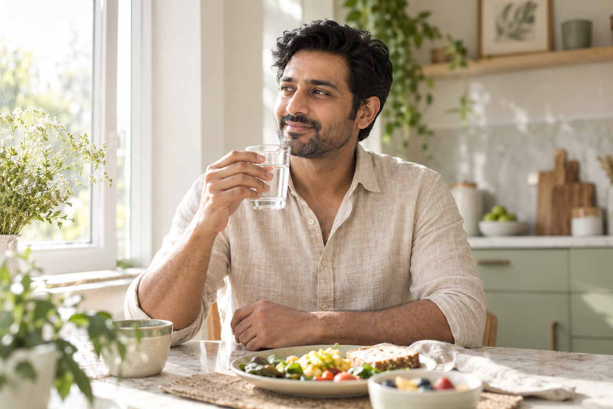 A relaxed daily routine with water at breakfast