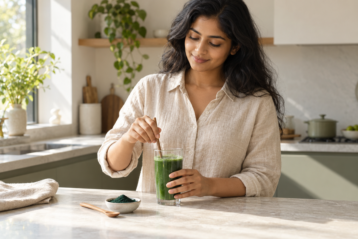 Preparing a green smoothie as part of an everyday routine