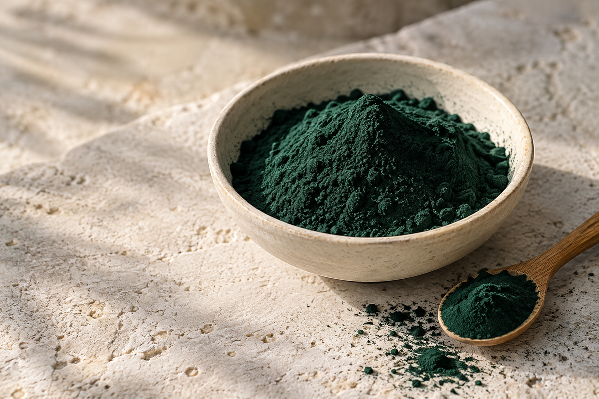 Spirulina powder in a ceramic bowl with a wooden spoon